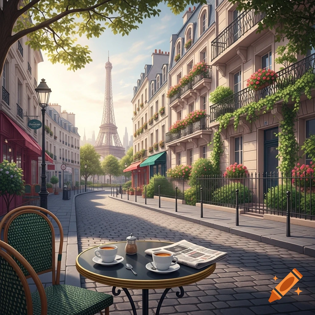 A charming Parisian street scene with the Eiffel Tower in the distance, a cafe table in the foreground, and ornate buildings lining the street.