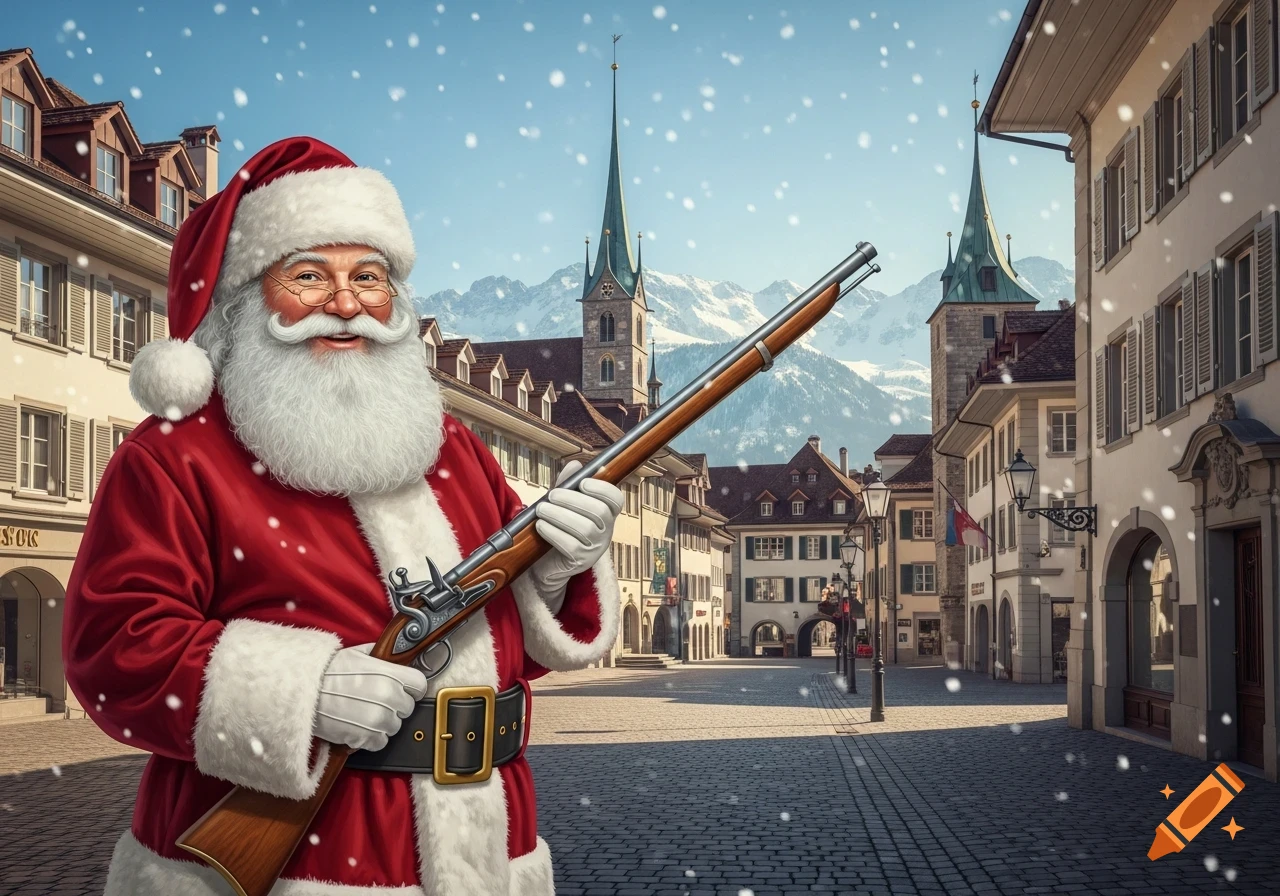 A smiling Santa Claus, in a red suit, holds an old flintlock rifle on a snowy city street with mountains in the background.