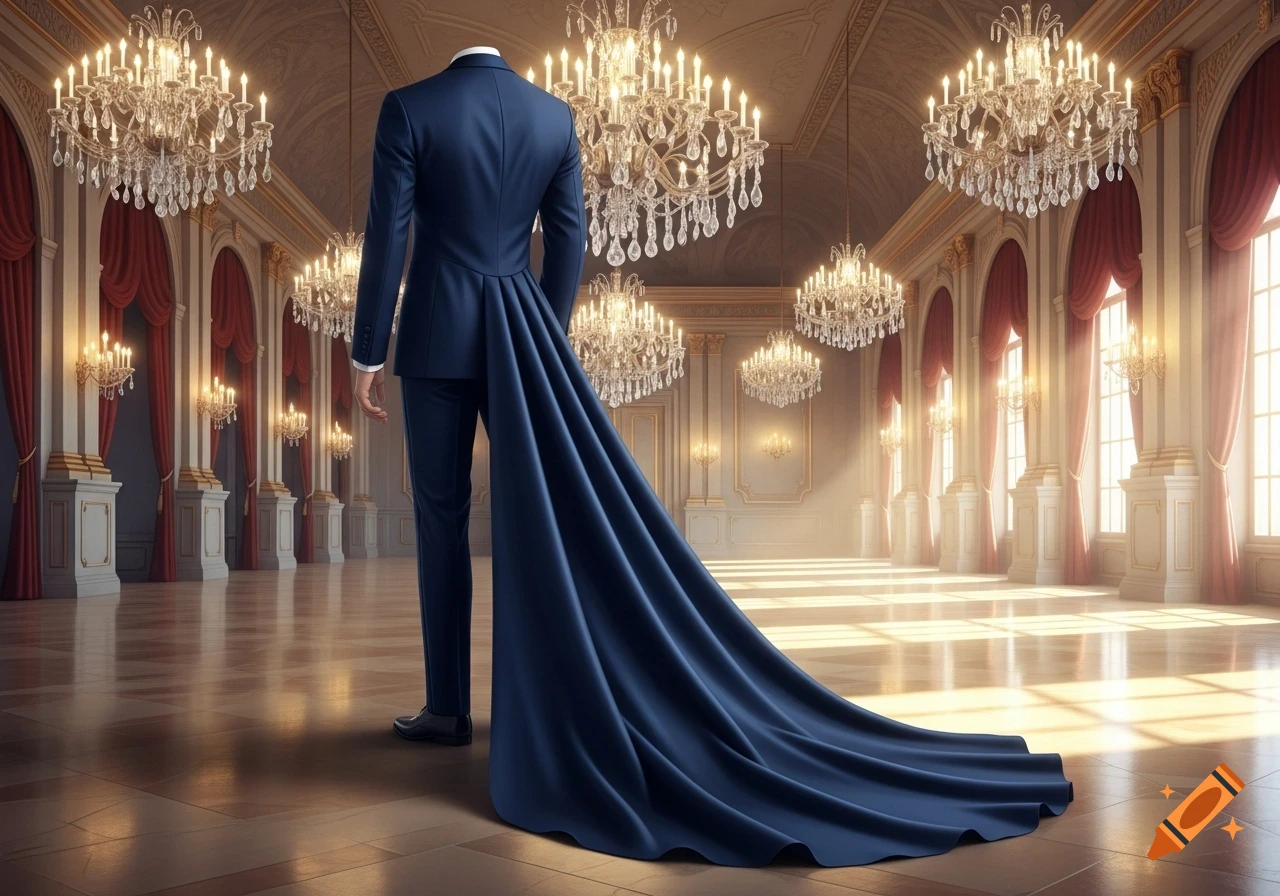 A headless figure in a dark blue suit with a long, flowing train stands in a grand, ornate ballroom with many sparkling chandeliers and large windows.