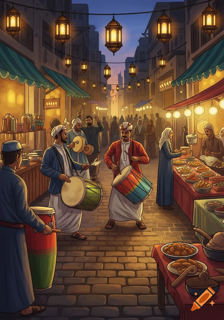 A colorful illustration of a bustling, lantern-lit street market at dusk, with people playing drums and vendors selling food.