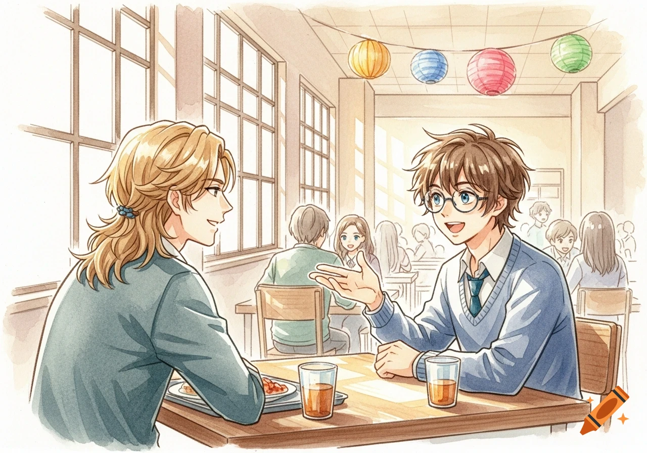 Watercolor drawing of two young men in an anime style conversing in a school cafeteria. One has long blond hair, the other wears glasses.