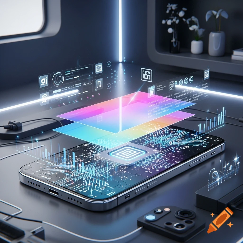 A futuristic smartphone with glowing circuit patterns and holographic data displays floating above it on a dark, tech-filled desk.