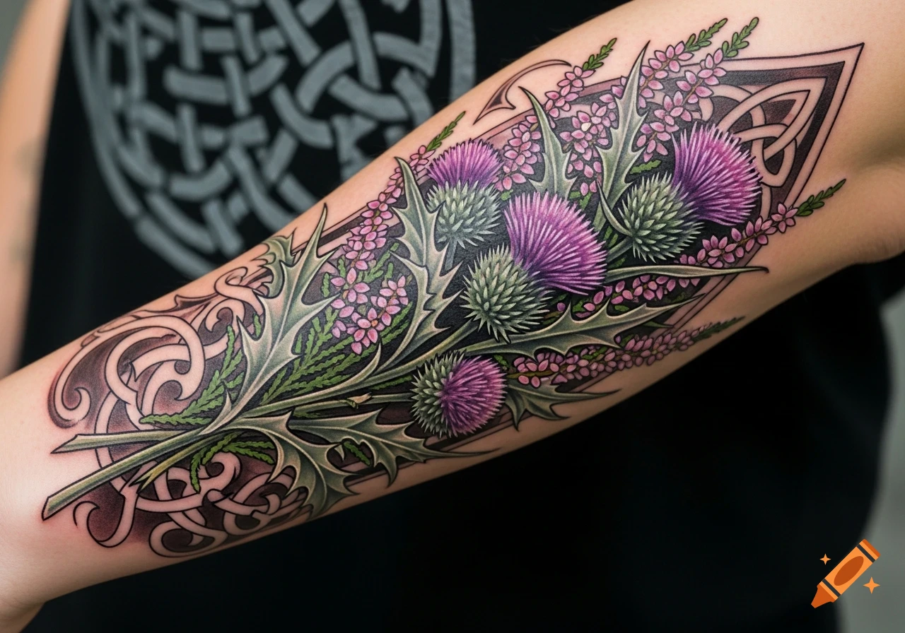 A colorful tattoo of purple Scottish thistles and pink heather blossoms, intertwined with Celtic knotwork, on an arm.
