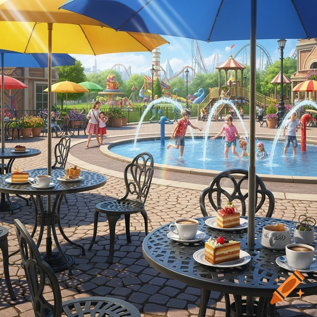 Photorealistic image of an outdoor cafe with coffee and cake next to a children's splash pad in a vibrant amusement park.