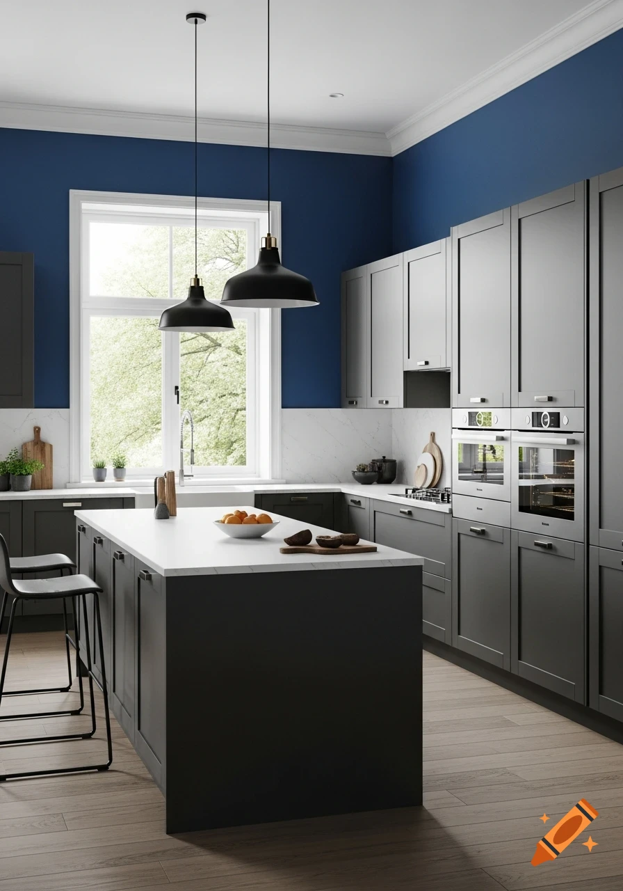 A modern kitchen with royal blue walls, dark grey cabinets, a white island, and pendant lights. A large window overlooks greenery.