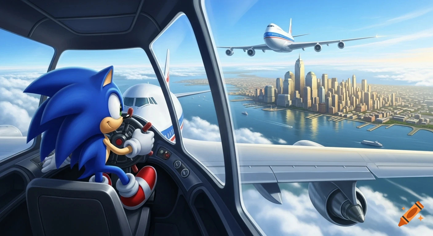 Sonic the Hedgehog pilots a plane high above a coastal city skyline, with another plane flying in the distance under a clear blue sky.