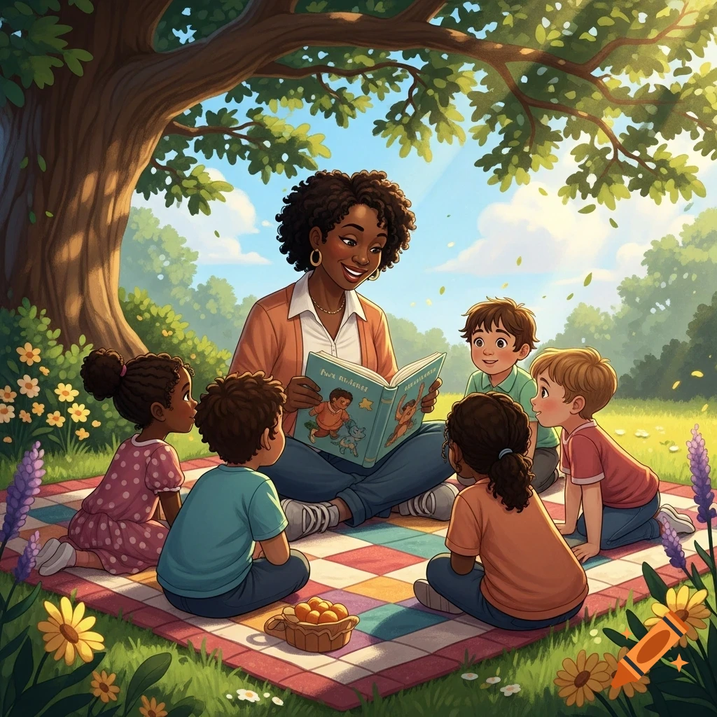 Illustration of an Afro-American woman reading a storybook to diverse children on a picnic blanket under a tree in a sunny park.