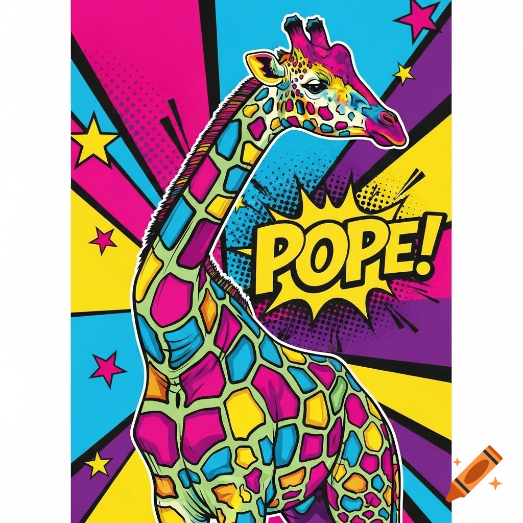 A vibrant pop art poster featuring a giraffe with colorful geometric patterns and a speech bubble saying 'POPE!'.