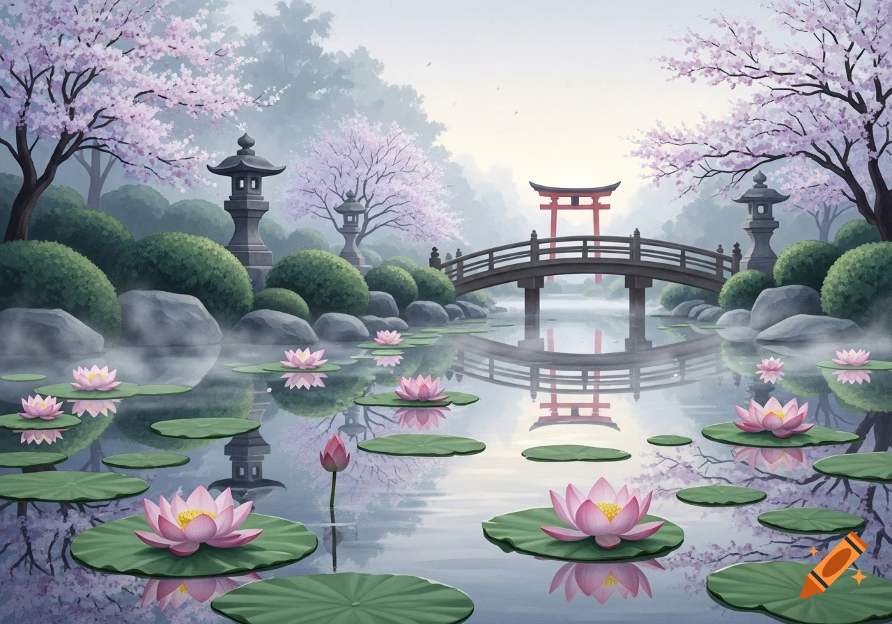 A serene Japanese garden with cherry blossoms, a wooden bridge over a pond with lotus flowers, and a red torii gate.