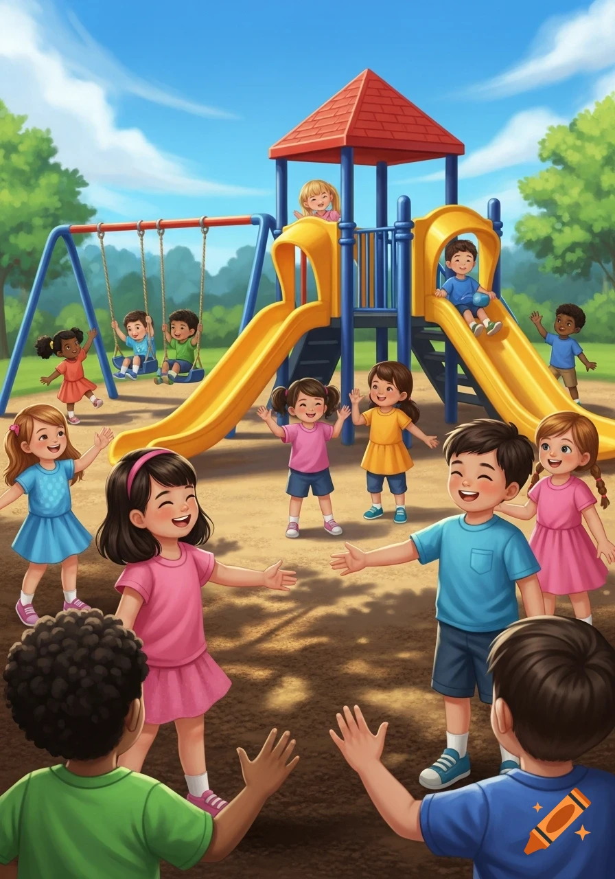 Diverse children joyfully play on a colorful playground with slides and swings, illustrated in a vibrant, cartoon style.