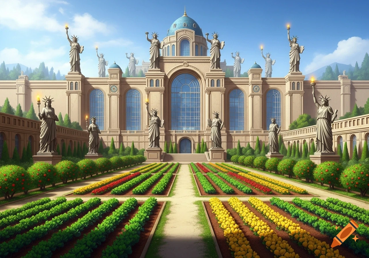 A grand palace featuring numerous Statue of Liberty-like figures on its facade and roof, with elaborate, colorful gardens in the foreground under a clear sky.