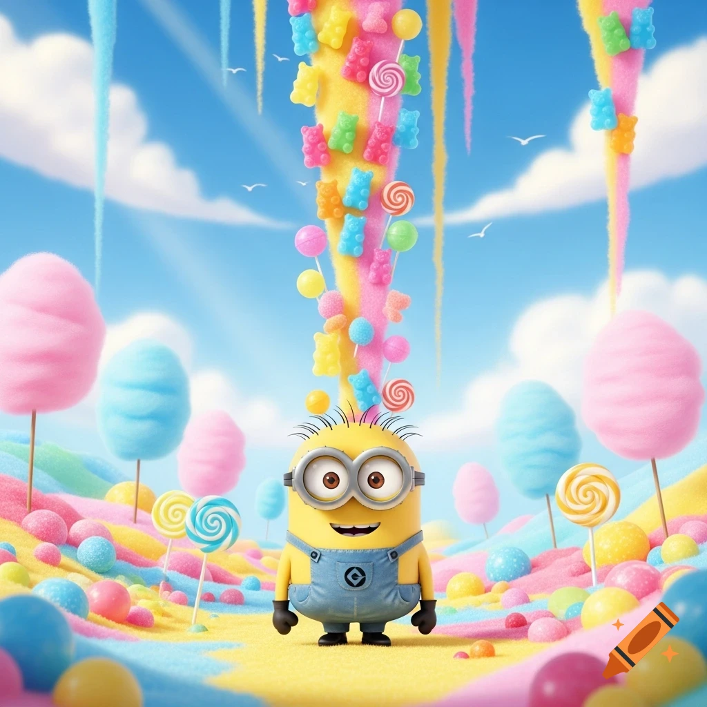 A cute Minion stands in a vibrant candy land with cotton candy trees, surrounded by colorful sweets, gummy bears, and lollipops.