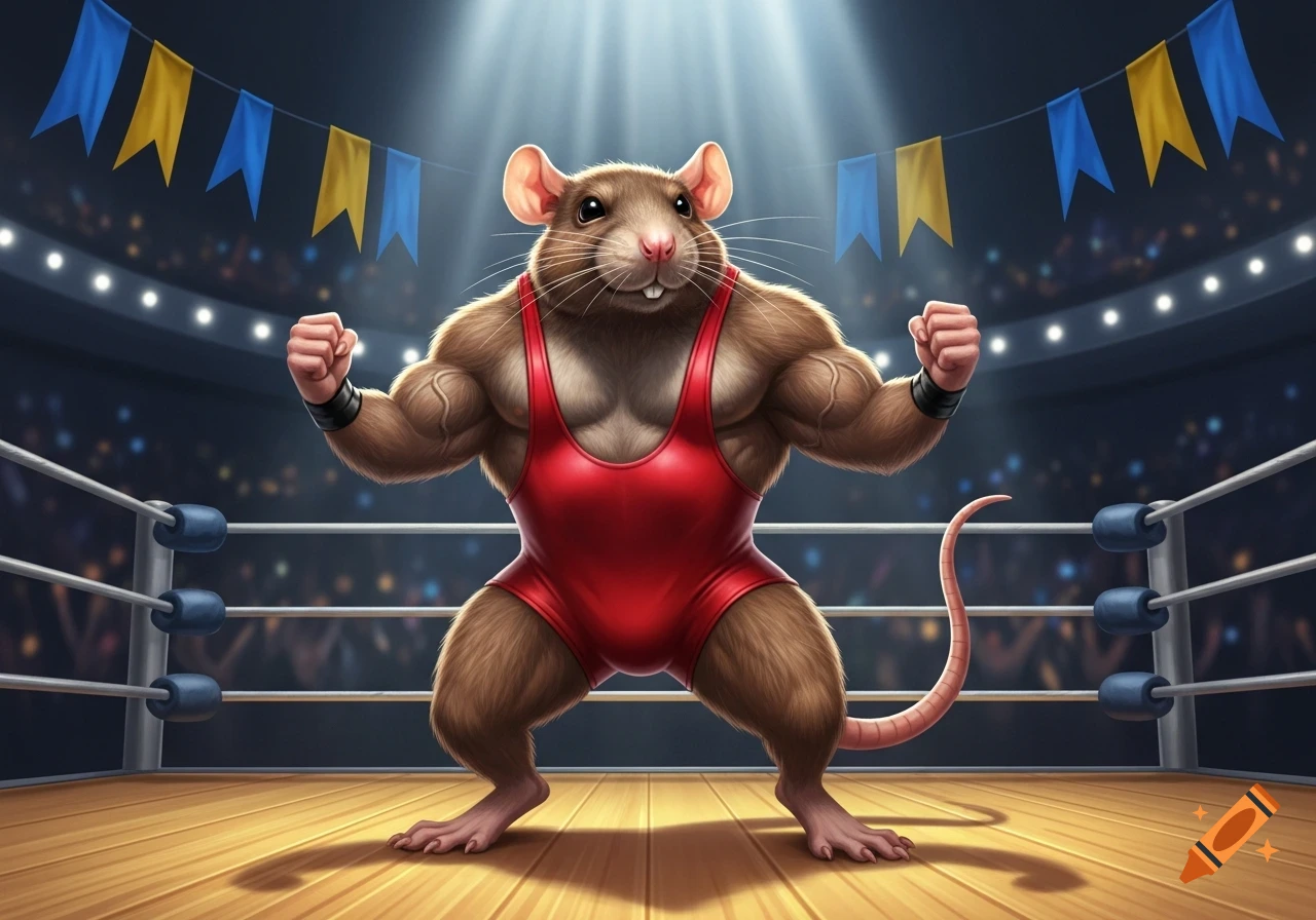 A muscular anthropomorphic rat in a red wrestling singlet flexing in a wrestling ring, under bright spotlights.