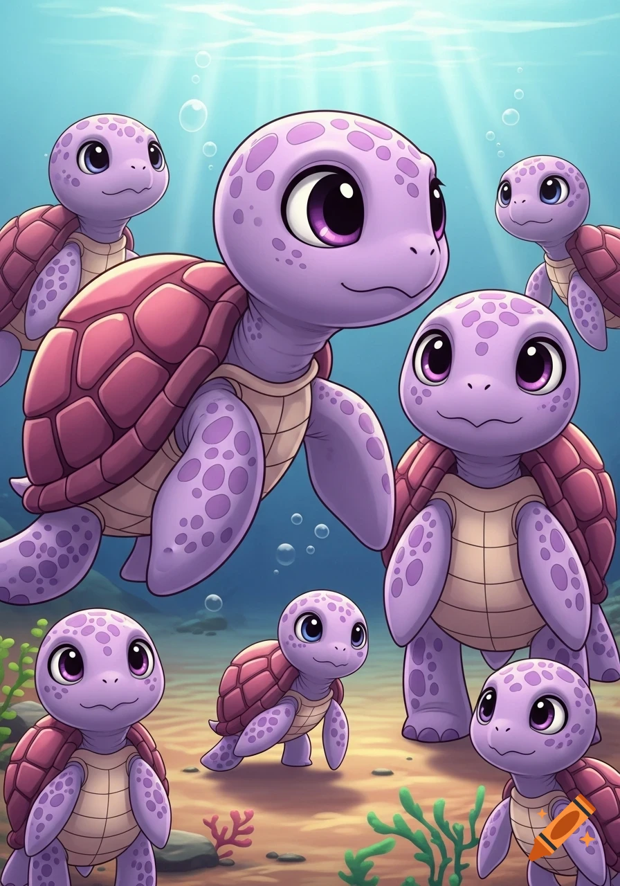 A group of cute, stylized purple baby sea turtles swim underwater with light rays and a sandy seabed.
