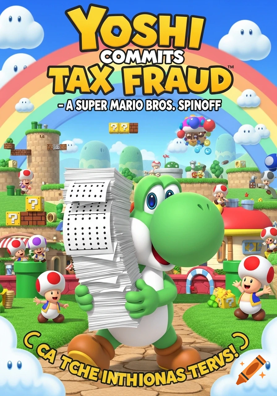 A colorful movie poster parody featuring Yoshi from Super Mario Bros. carrying a large stack of papers, with Toads and a rainbow in the background, titled "YOSHI COMMITS TAX FRAUD".