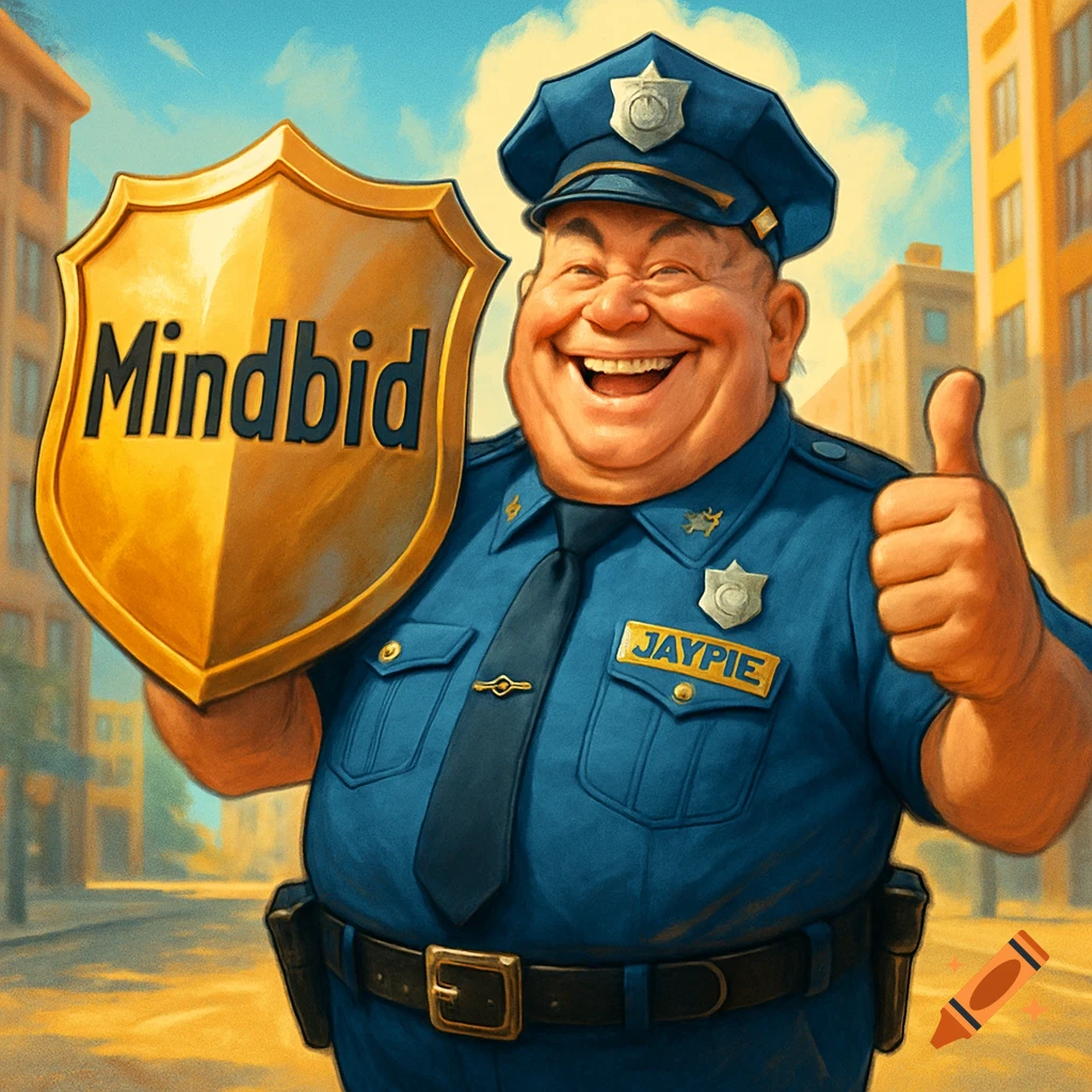 A cheerful cartoon policeman in uniform gives a thumbs-up, holding a 'Mindbid' shield, with 'JAYPIE' on his name tag.