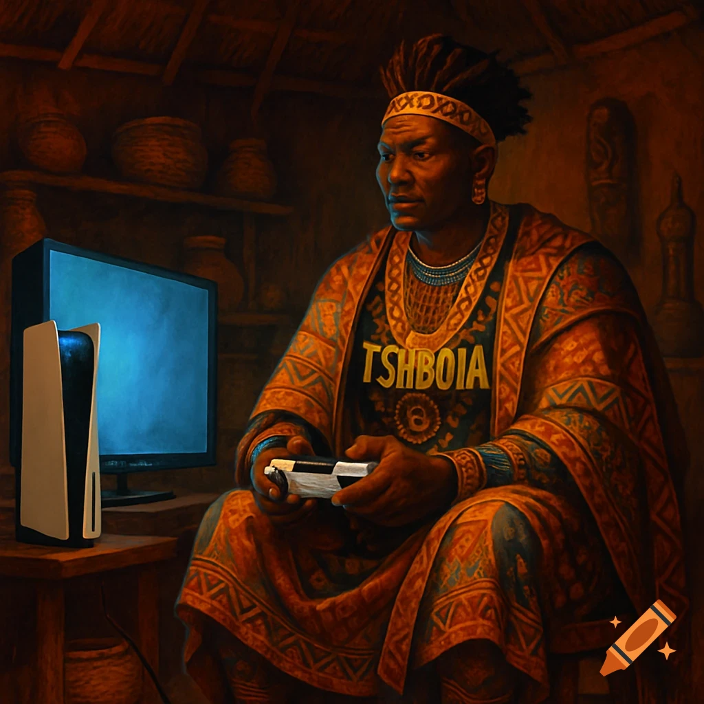An African tribal leader in traditional attire with 'TSHBOIA' on his chest plays a PS5, looking at a TV, in a painting style.