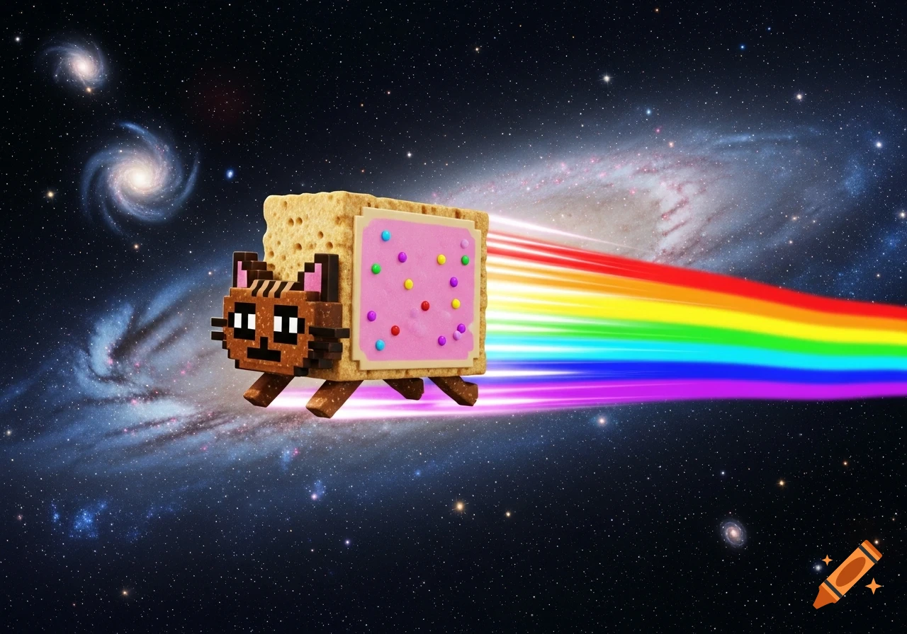 A 3D rendering of Nyan Cat, a pixelated cat body on a pop-tart with a rainbow trail, flying through space.