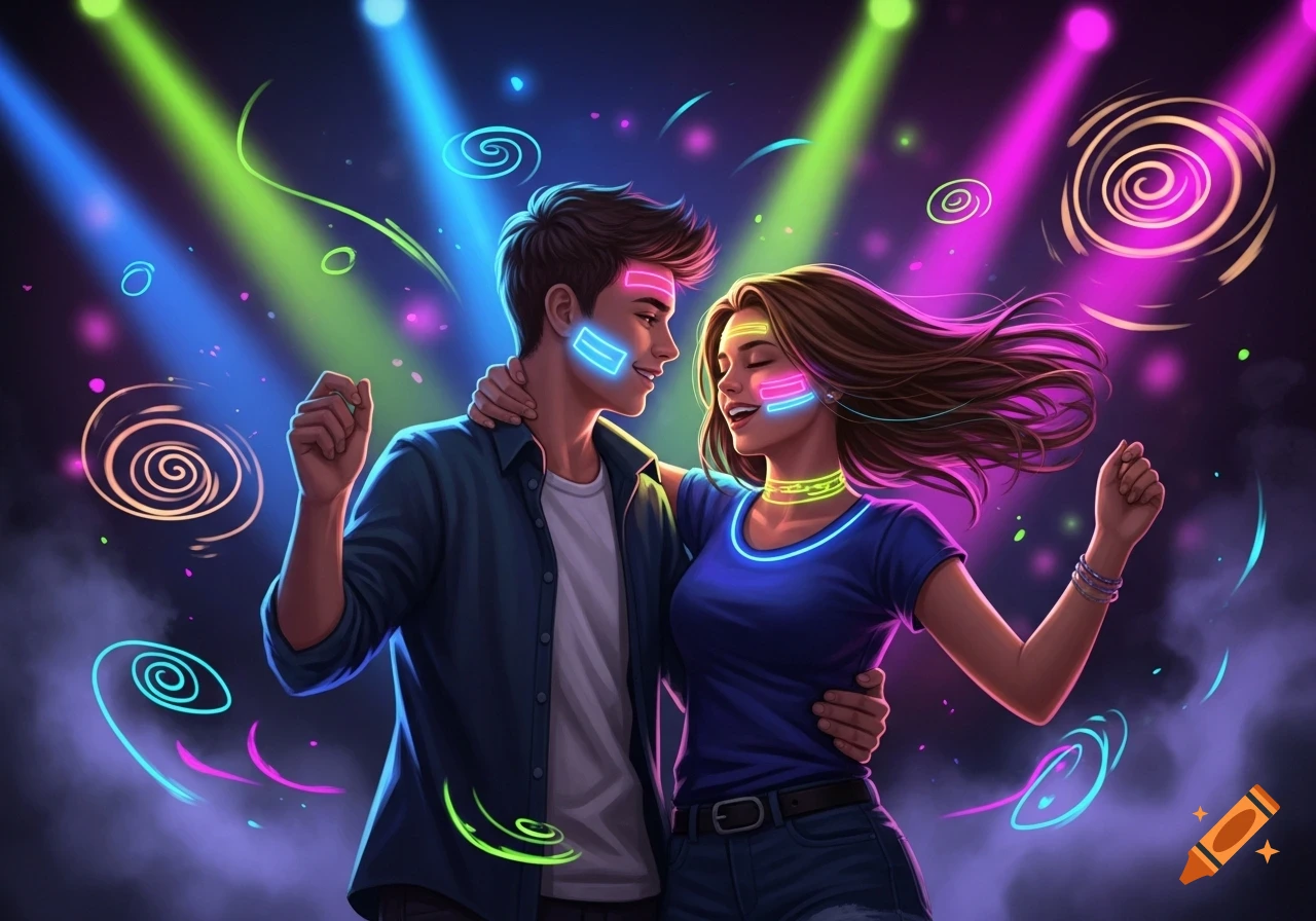 Two smiling teenagers with neon face paint and glowing accessories dance joyfully in a vibrant nightclub under colorful spotlights.