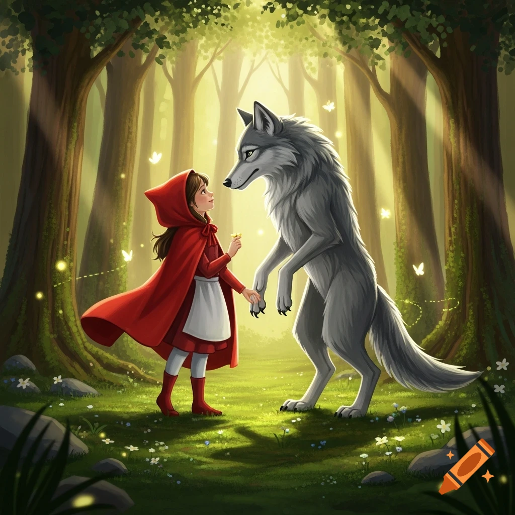 Little Red Riding Hood in a red cloak and a grey wolf standing in a lush, luminous forest illustration.