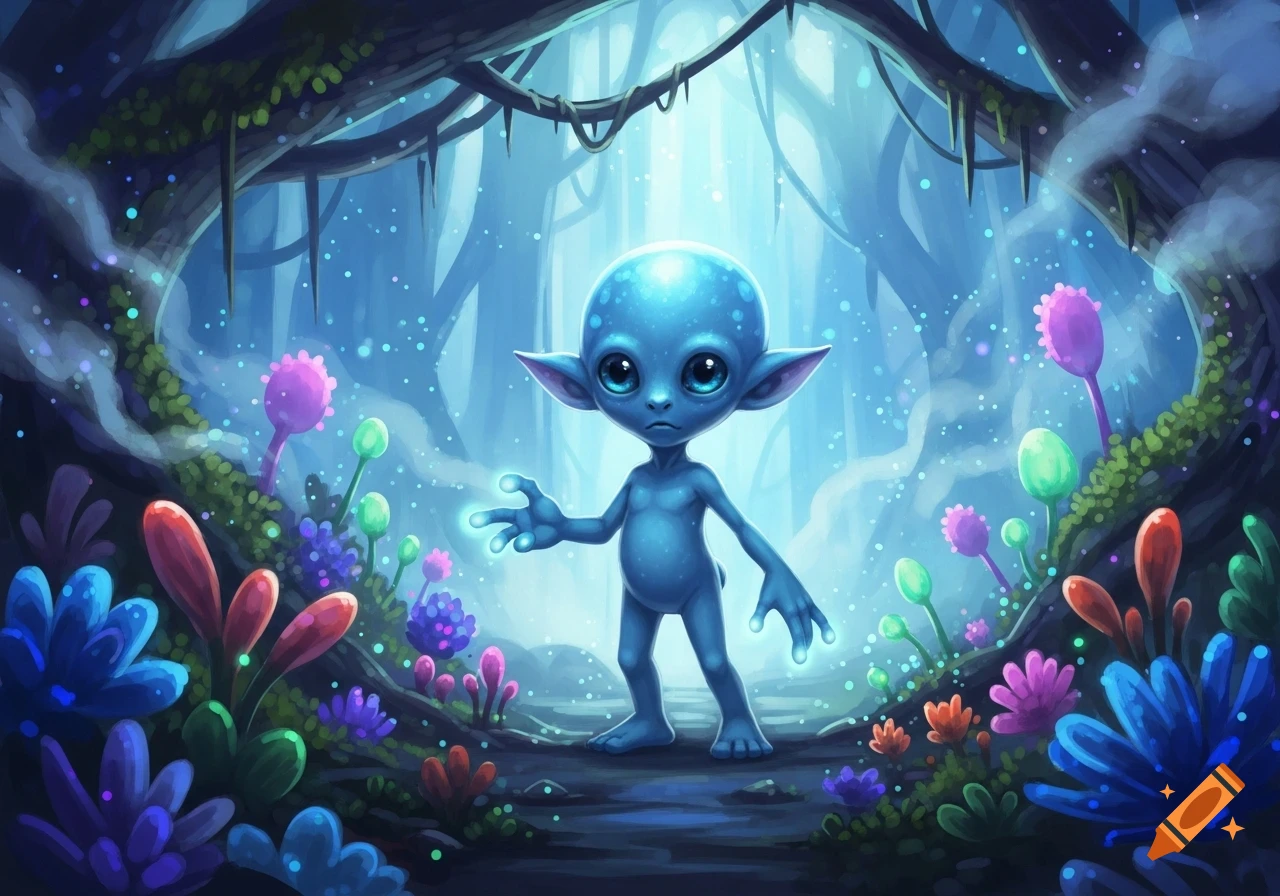 A big-eyed blue alien creature with a glowing hand stands in a mystical fantasy forest filled with colorful bioluminescent plants.