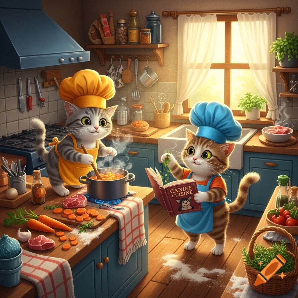 Two cartoon cats dressed as chefs in a cozy kitchen, one stirring a pot ...
