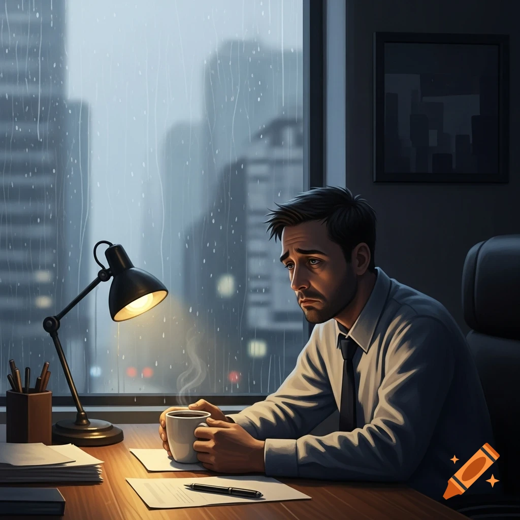 A sad man in a dress shirt and tie sits at an office desk, holding a coffee cup and looking out a window at a rainy city.