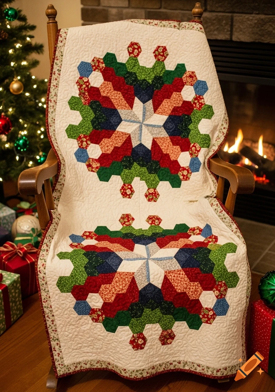 A festive quilted blanket with red, green, blue, and cream hexagonal patterns draped over a wooden rocking chair, set in a cozy room with a decorated Christmas tree and a lit fireplace in the background.