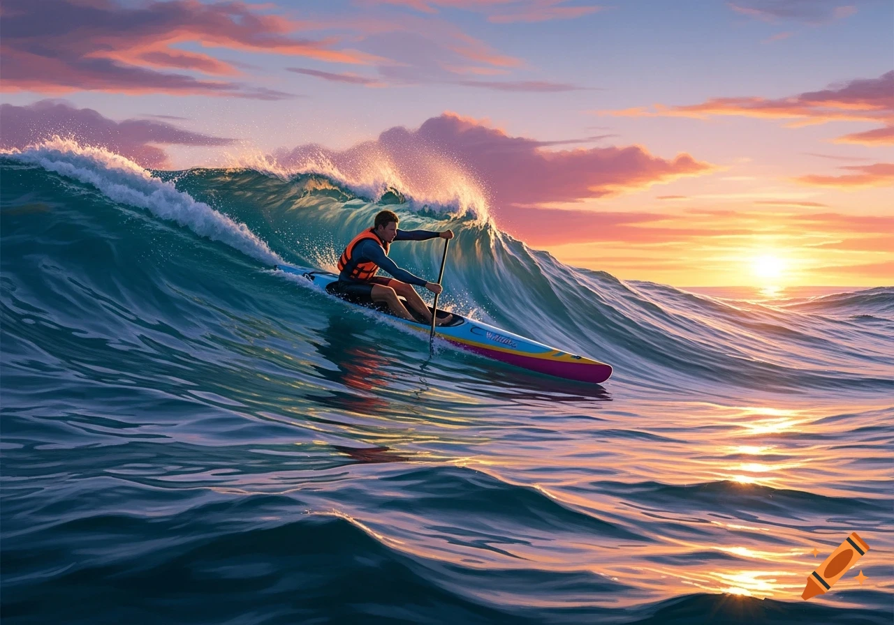 A surfski paddler in a life vest rides a large ocean wave against a vibrant sunset sky.