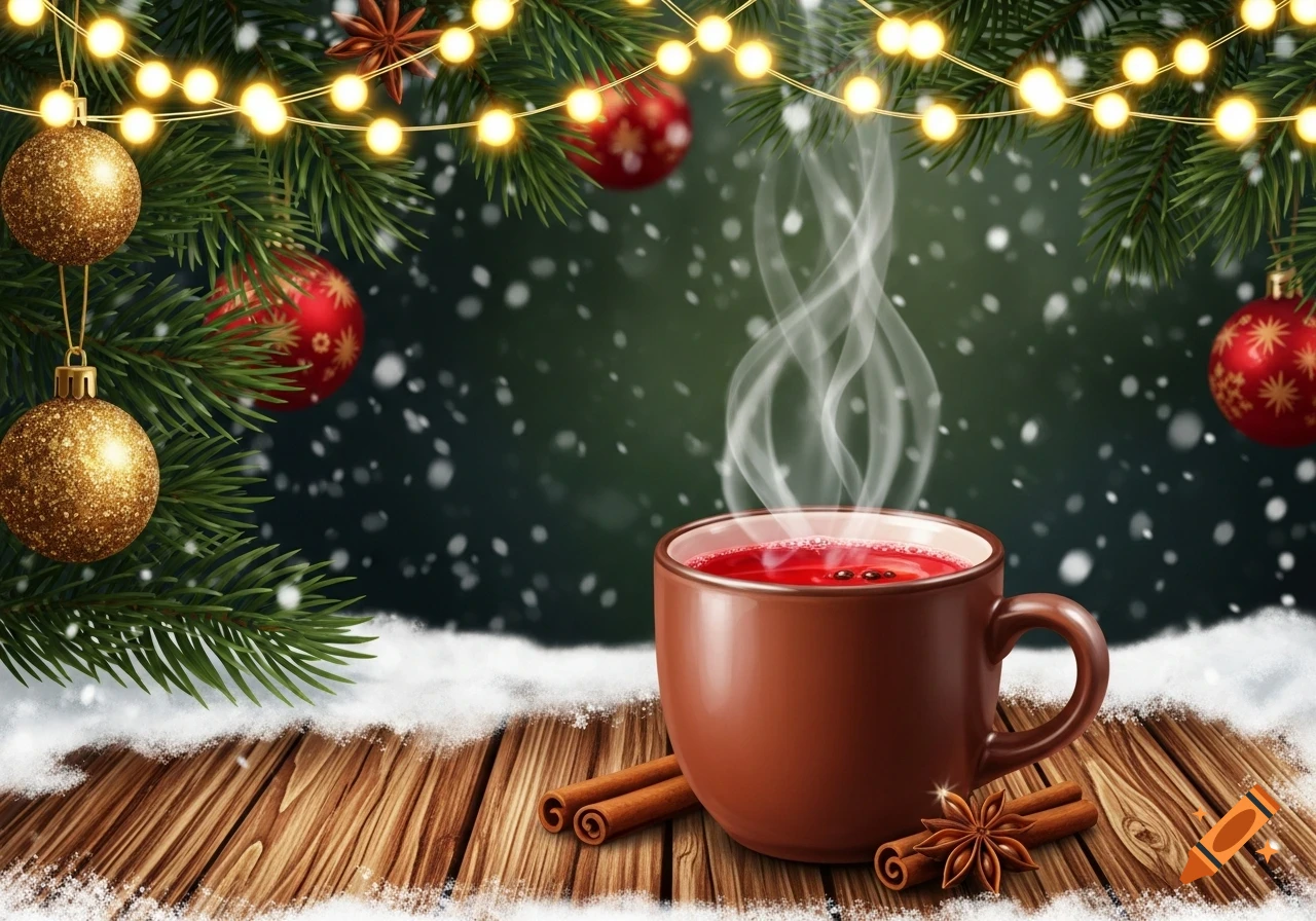 A steaming mug of mulled wine on a snowy wooden table with cinnamon, star anise, beneath fir branches with Christmas lights and ornaments as snow falls.