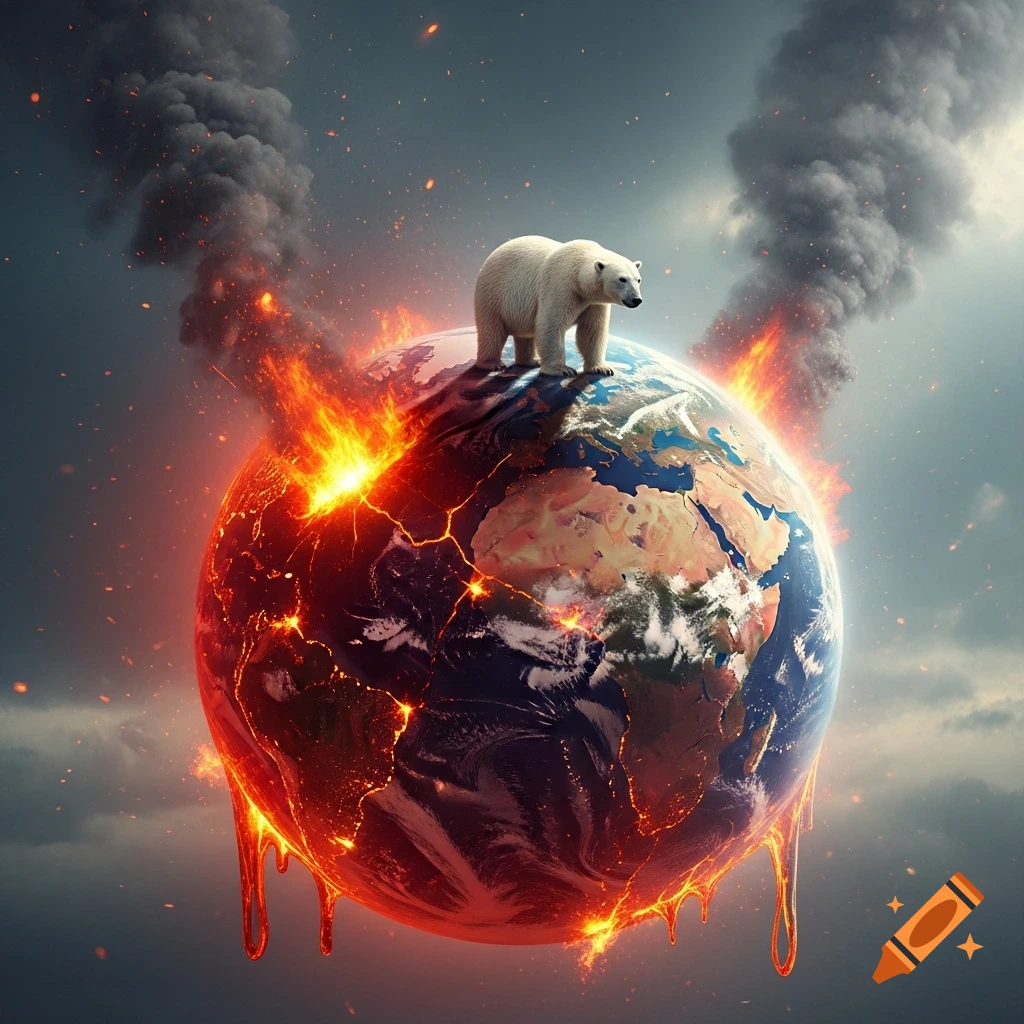 A polar bear stands on a melting, burning Earth with flames and smoke rising, symbolizing climate change.