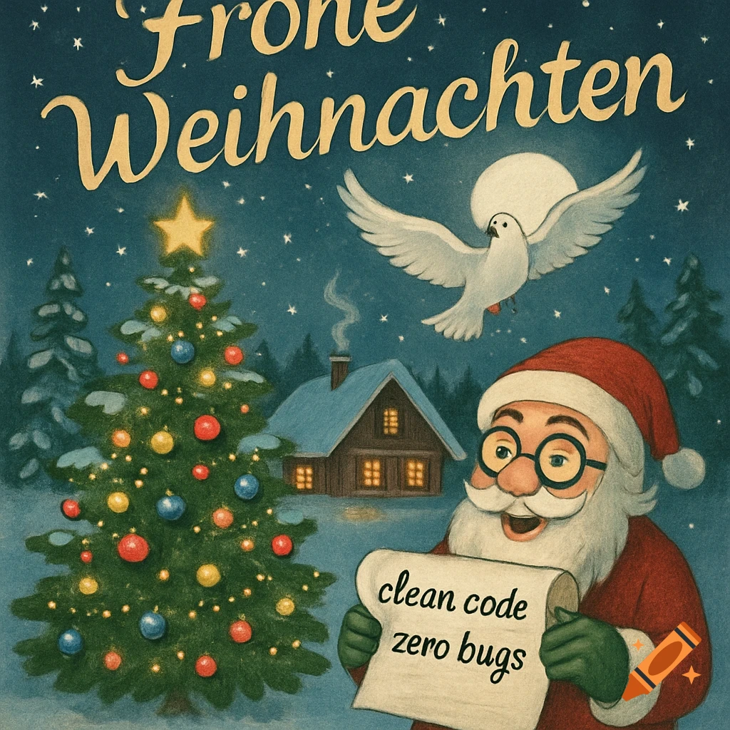A vintage-style illustration of Santa Claus holding a scroll with "clean code zero bugs" next to a decorated Christmas tree and a snowy cabin under a starry night with a dove flying.