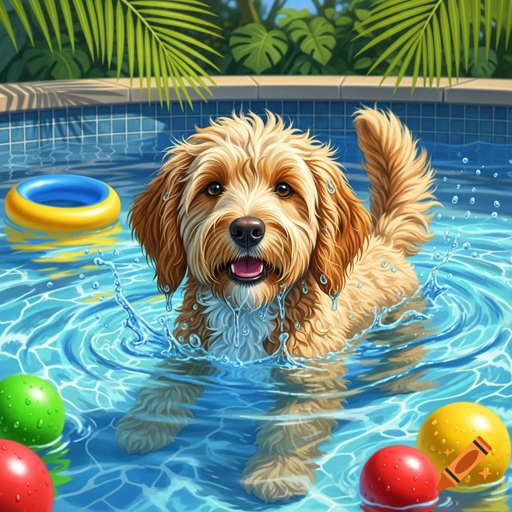 A cheerful goldendoodle dog splashes in a blue swimming pool with colorful balls and tropical plants, in an illustrative style.