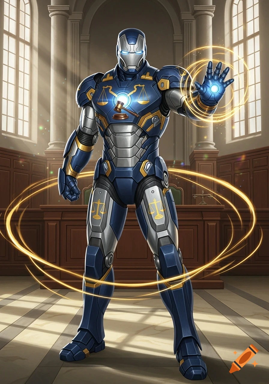 Blue and silver Iron Man-style superhero with scales of justice and a gavel on chest, standing in a courtroom, comic art style.