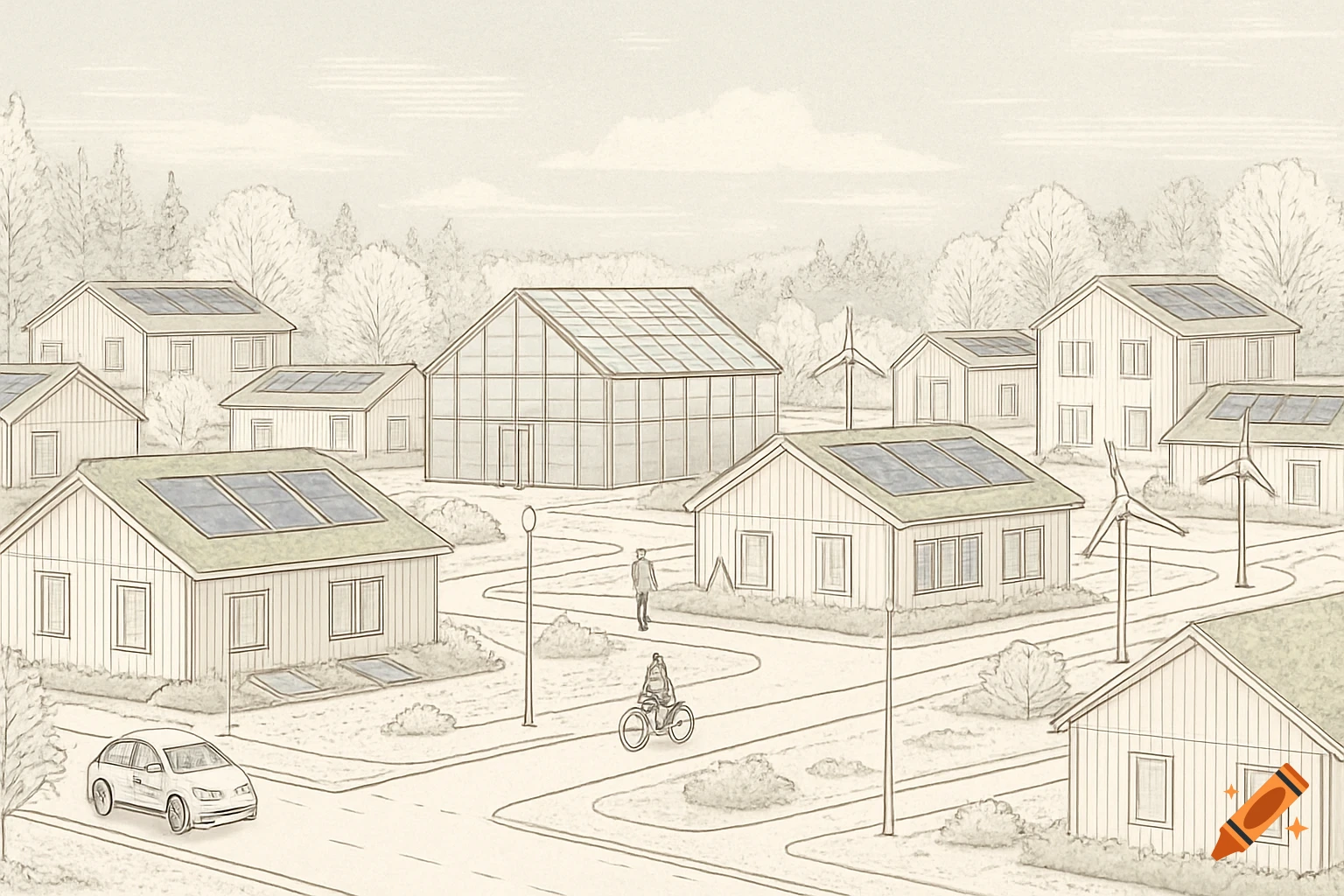 Architectural sketch of a sustainable neighborhood with wooden houses, solar panels, a glass greenhouse, electric car, and wind turbines.