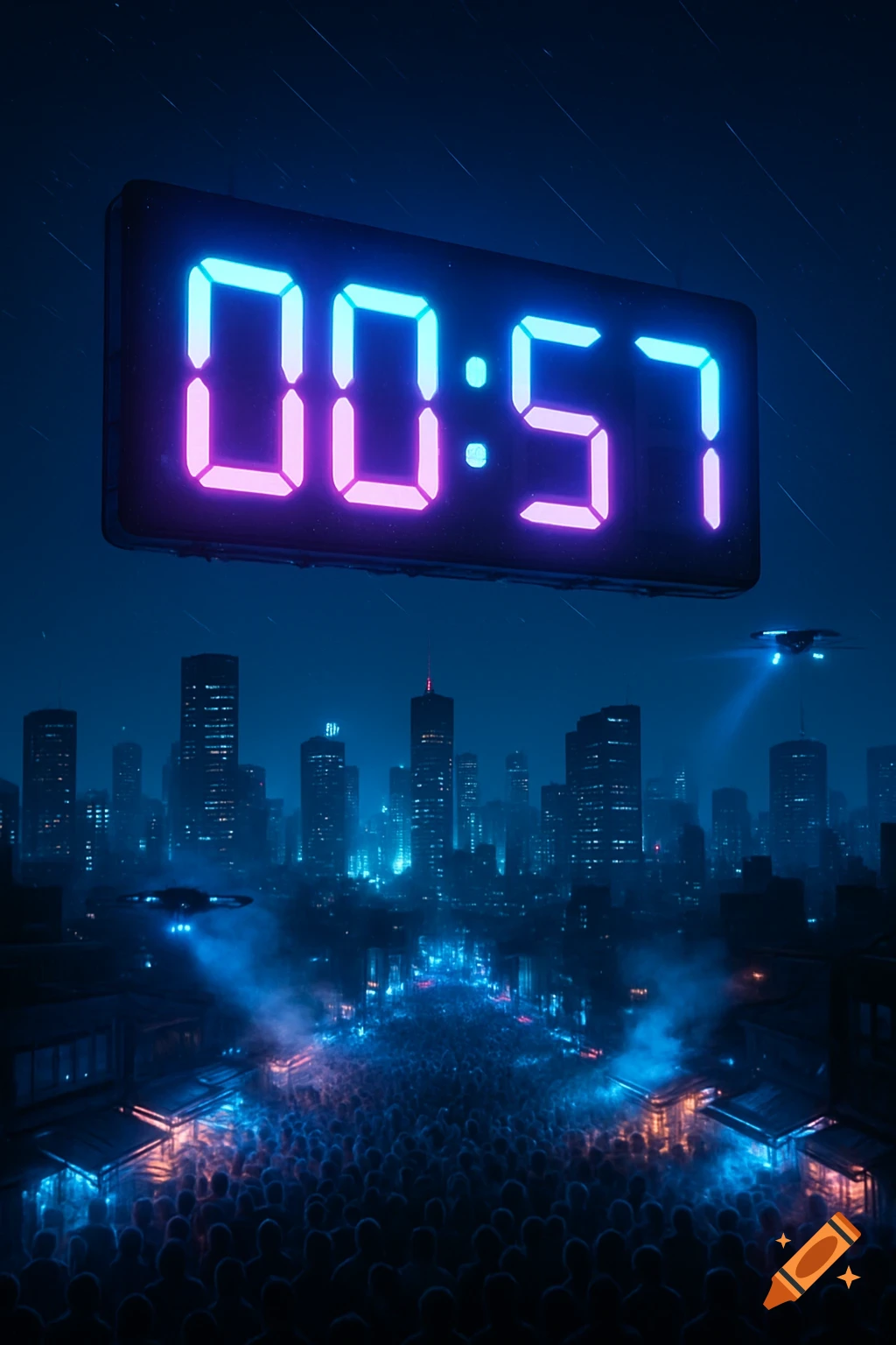 A neon digital clock showing "00:57" floats above a futuristic cityscape at night, with a large crowd gathered below under blue and pink lights.