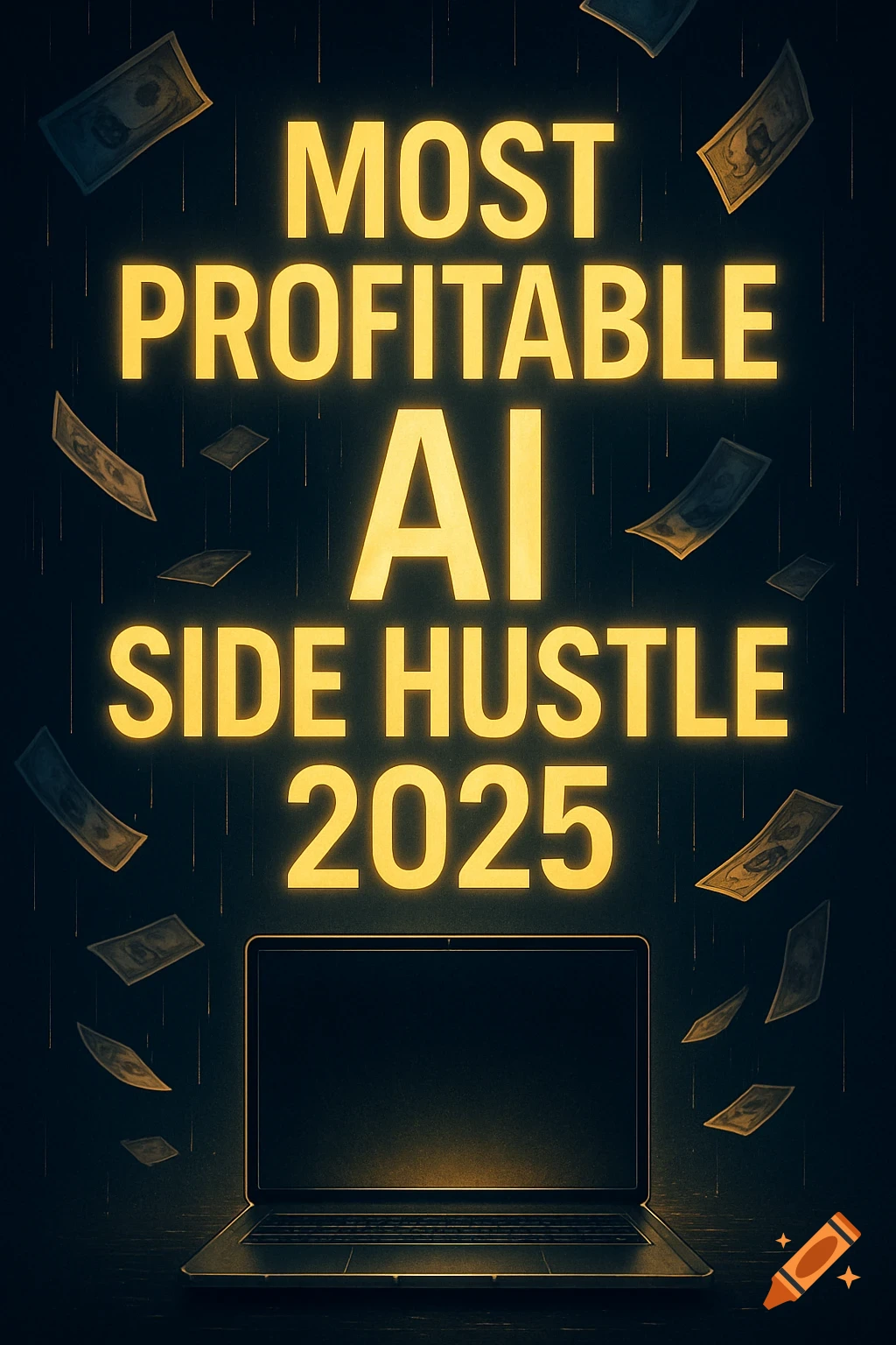 Glowing text 'Most Profitable AI Side Hustle 2025' above a laptop with falling money, in a luxury cyberpunk style.