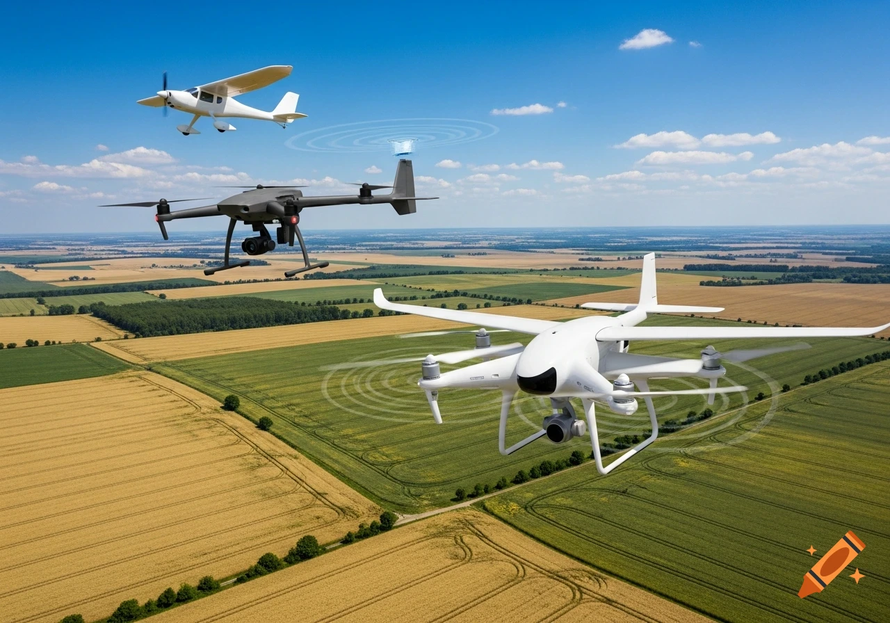 A dark grey drone, a white drone, and a white small airplane fly over green and golden fields under a blue sky. Photorealistic style.