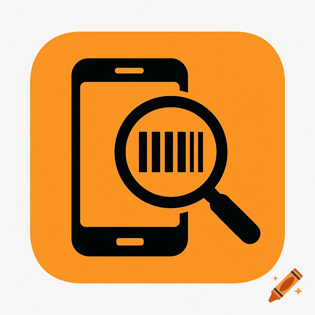 Minimalist app icon with a black smartphone, magnifying glass over a barcode, on an orange background.