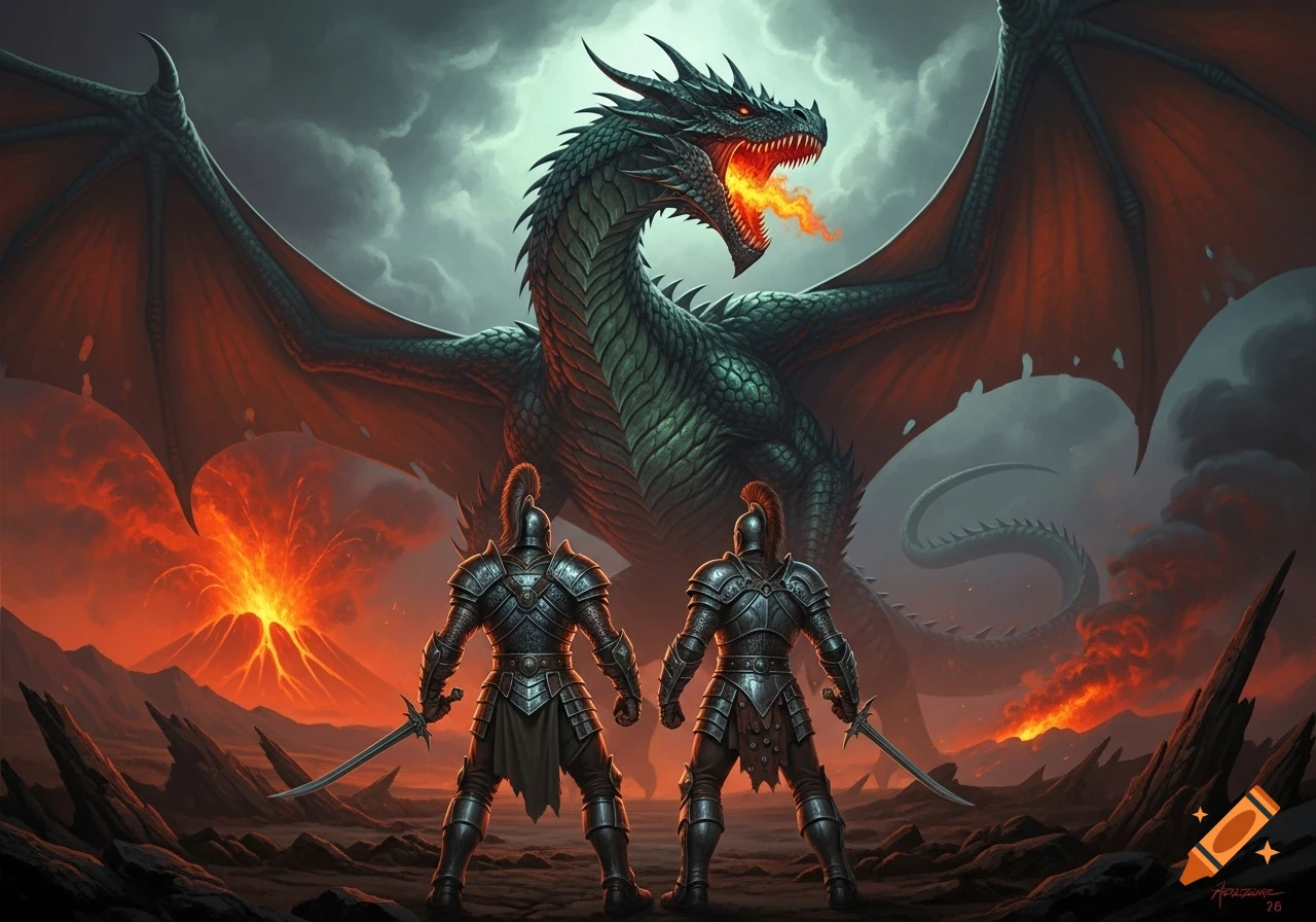 Two armored warriors face a fire-breathing green dragon in a dark volcanic landscape with erupting volcanoes, 80s dark fantasy style.