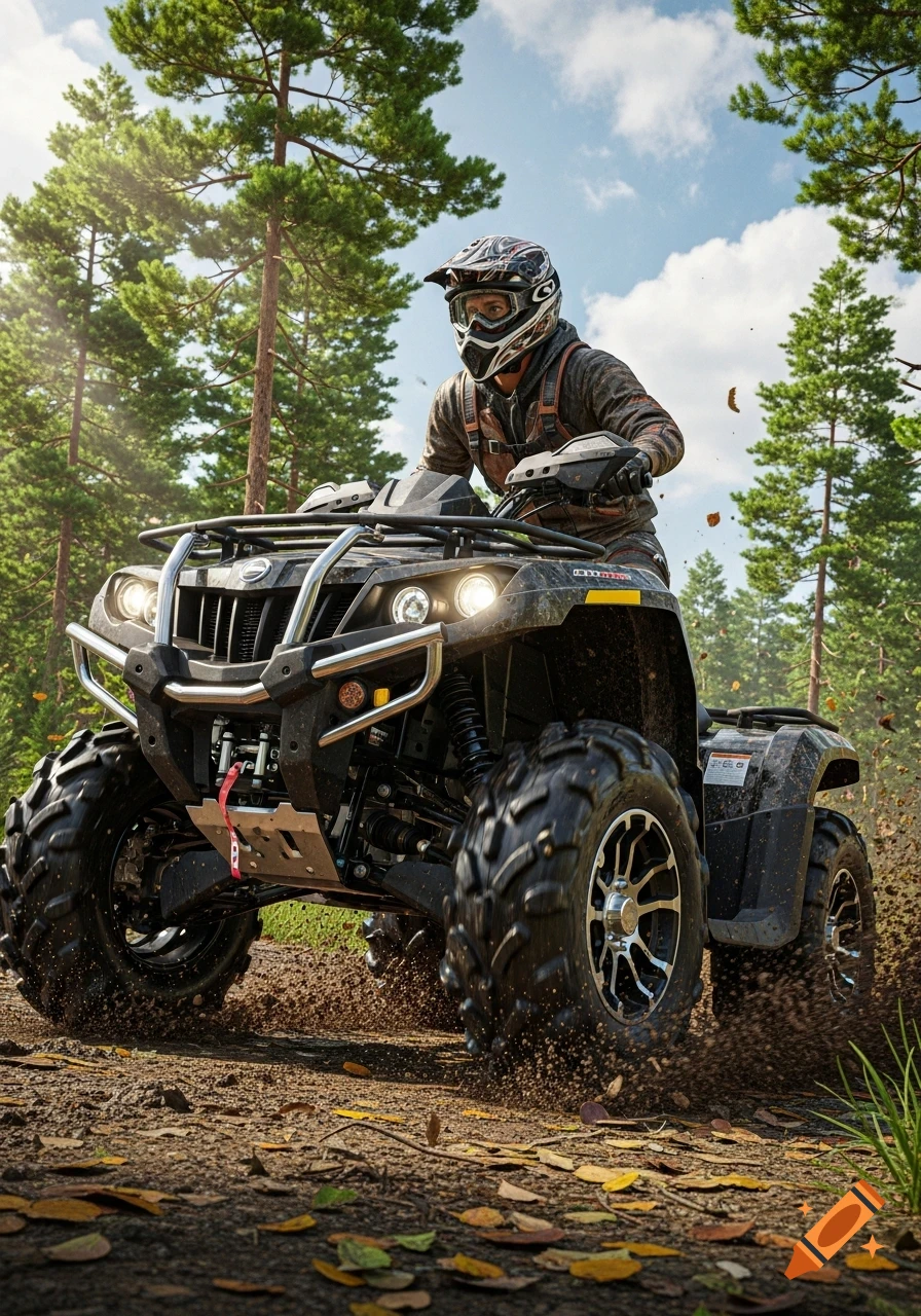 A person in a helmet and gear rides a dark gray ATV through a forest trail, kicking up mud and leaves in a photorealistic style.