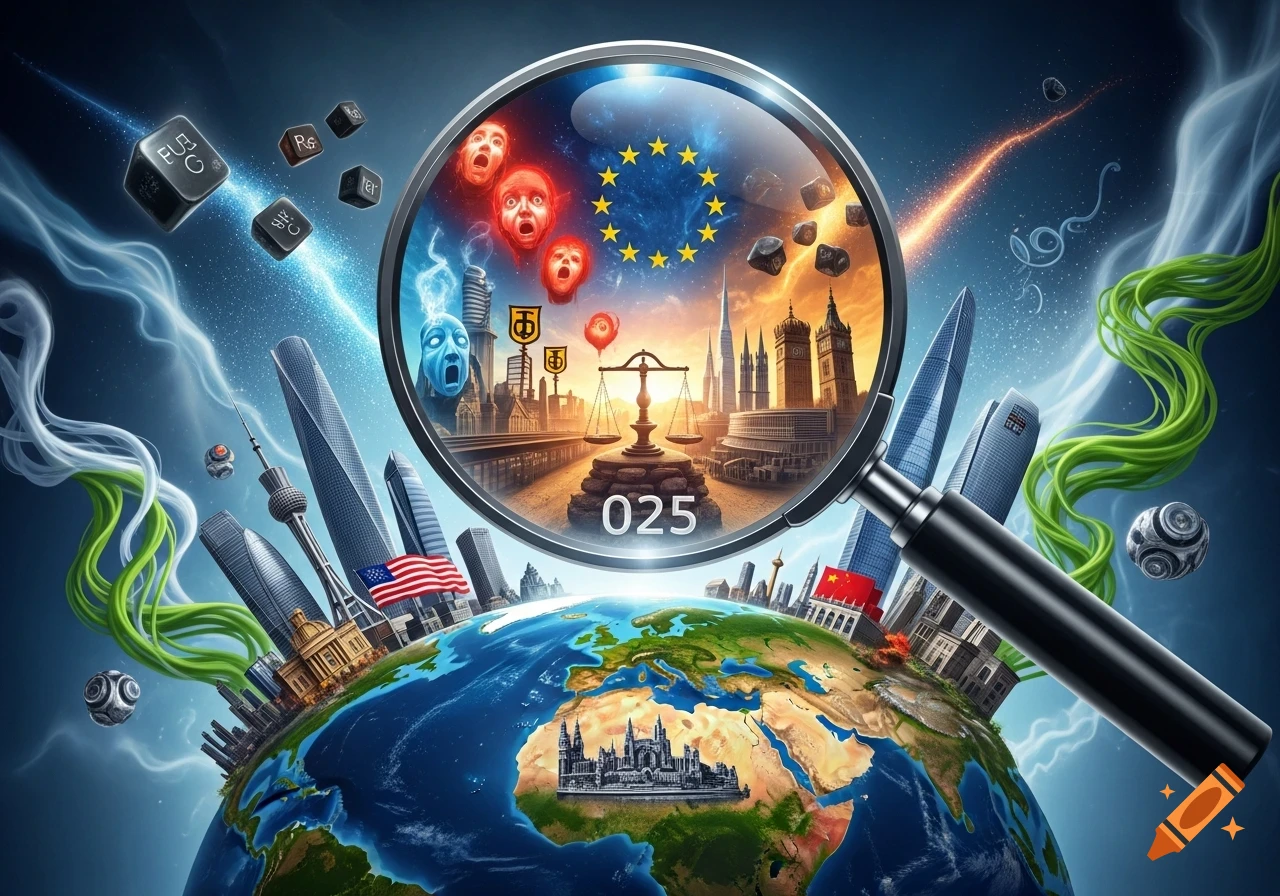 An abstract, futuristic image of Earth surrounded by various city skylines and elements, with a magnifying glass focusing on a cityscape with scales of justice, the EU flag, and distressed faces, with the number 025.