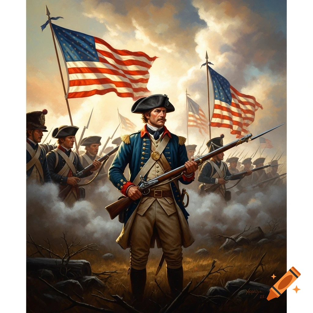 An oil painting of American Revolutionary War soldiers, led by a prominent figure holding a rifle, with US flags waving in a smoky battlefield.