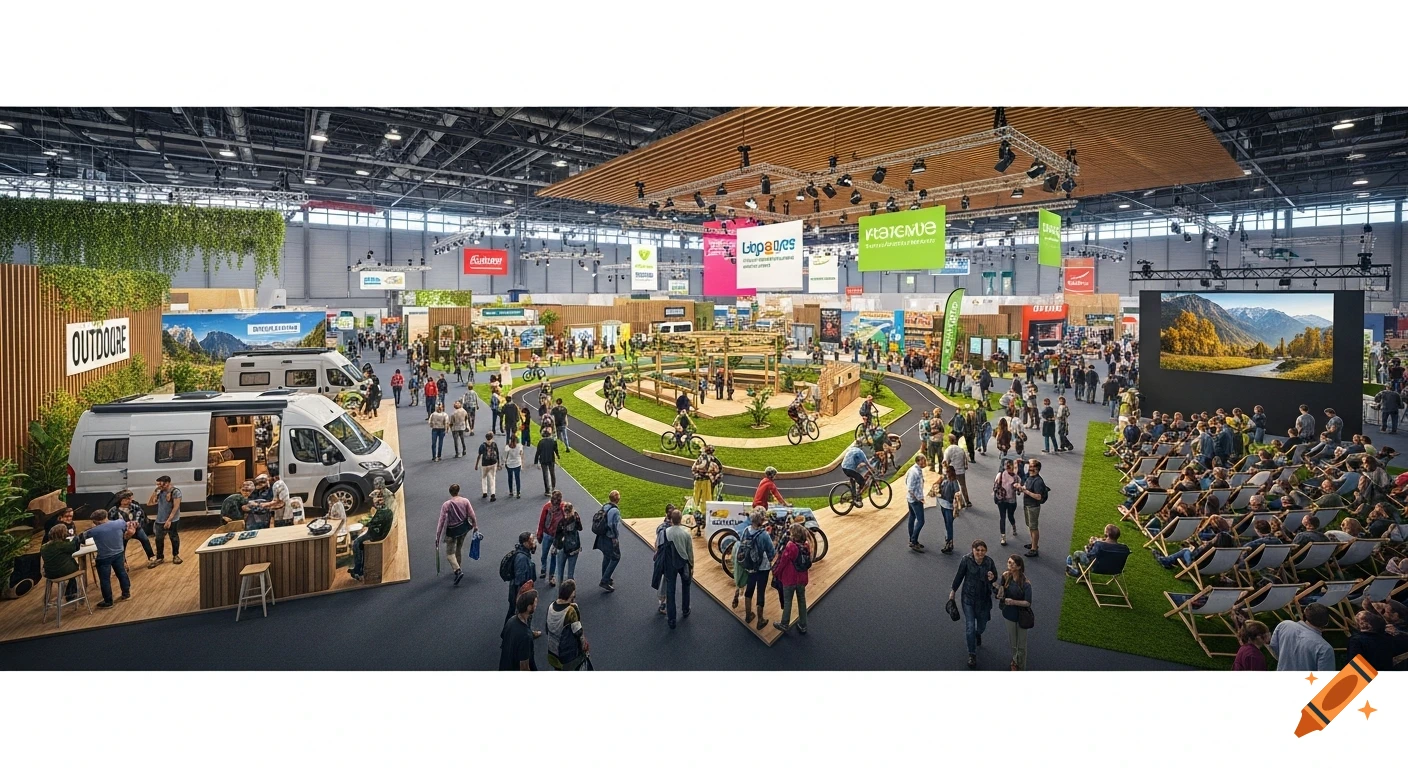 Photorealistic wide-angle shot of a busy indoor outdoor and adventure travel exhibition with people, vans, bikes, and a large screen.