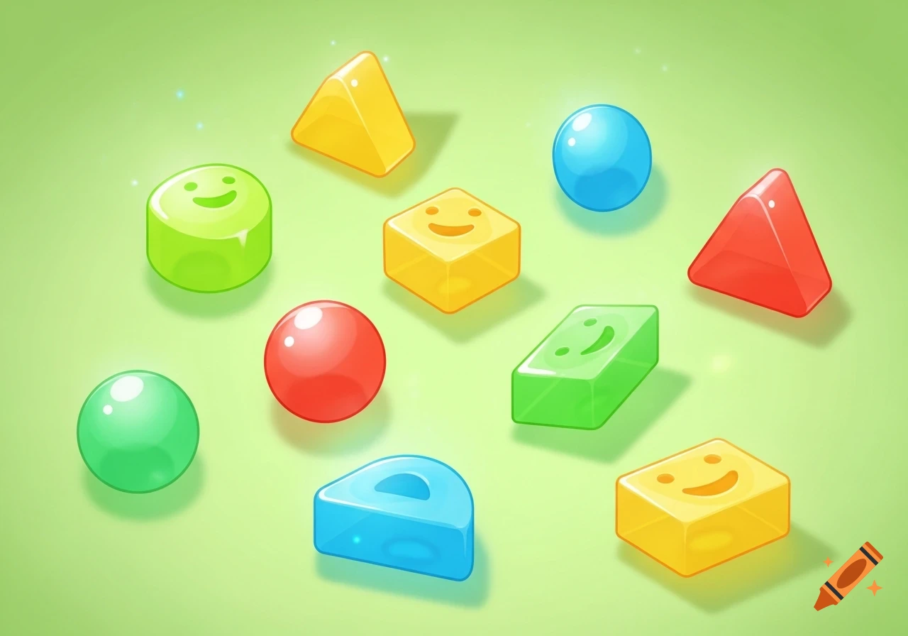 Colorful, glossy, semi-transparent geometric shapes with smiley faces on a light green background in a playful cartoon style.