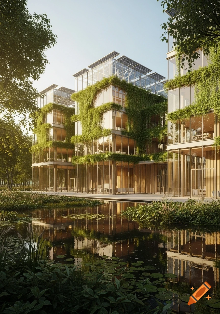 A modern building covered in lush green vines and topped with solar panels, reflected in a tranquil pond amidst trees.