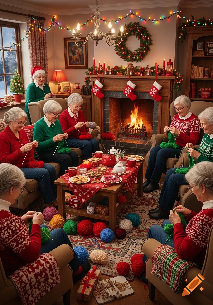 Photorealistic image of older women in Christmas clothes knitting in a festive, decorated living room by a fireplace.