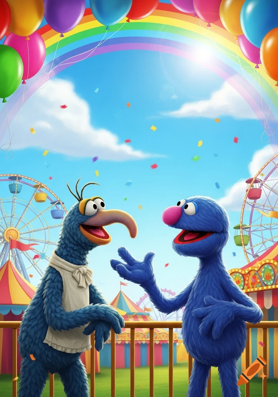 Gonzo and Grover at a colorful fairground with balloons, a rainbow, and Ferris wheels under a sunny sky.
