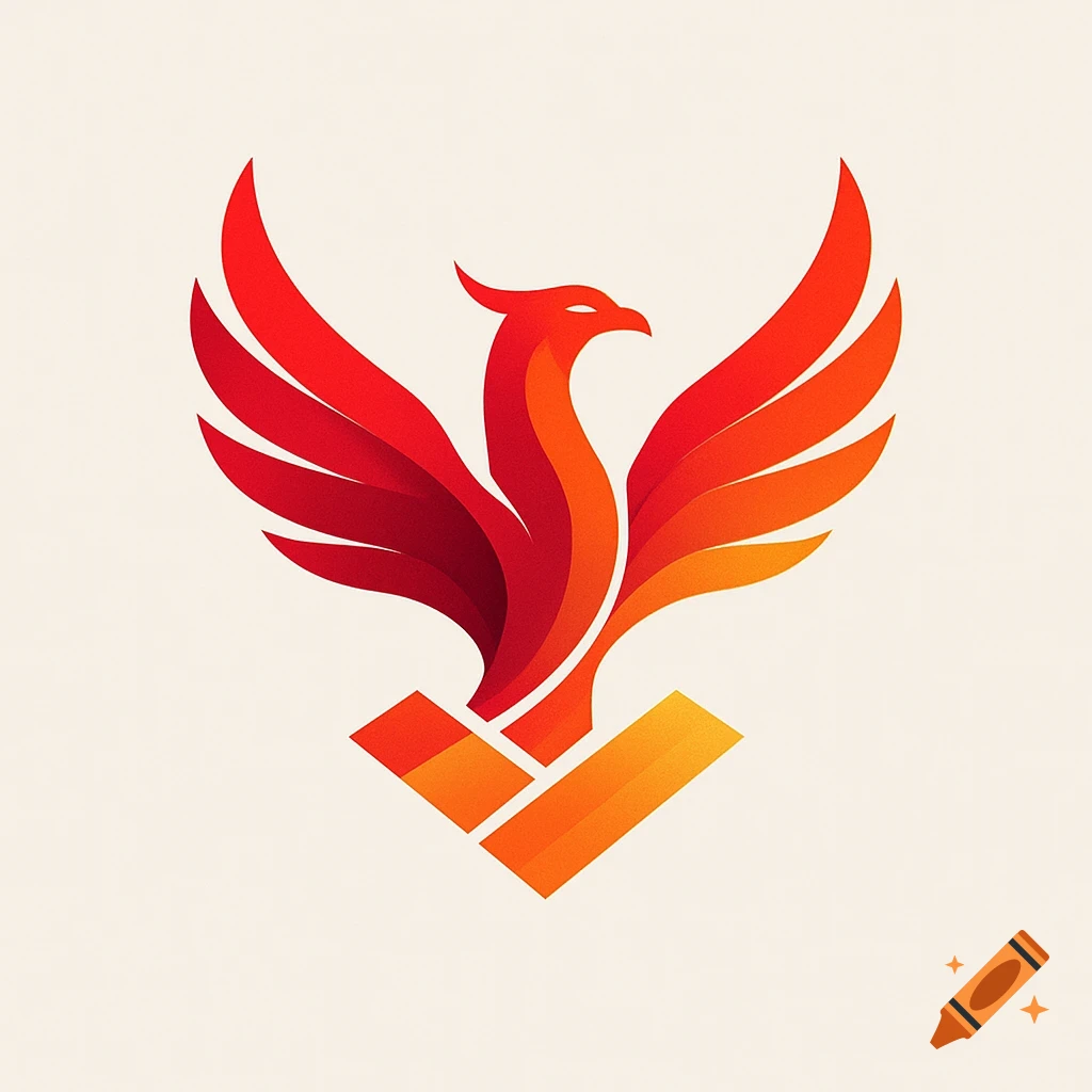 A stylized red and orange phoenix logo with wings spread, rising from abstract geometric shapes.