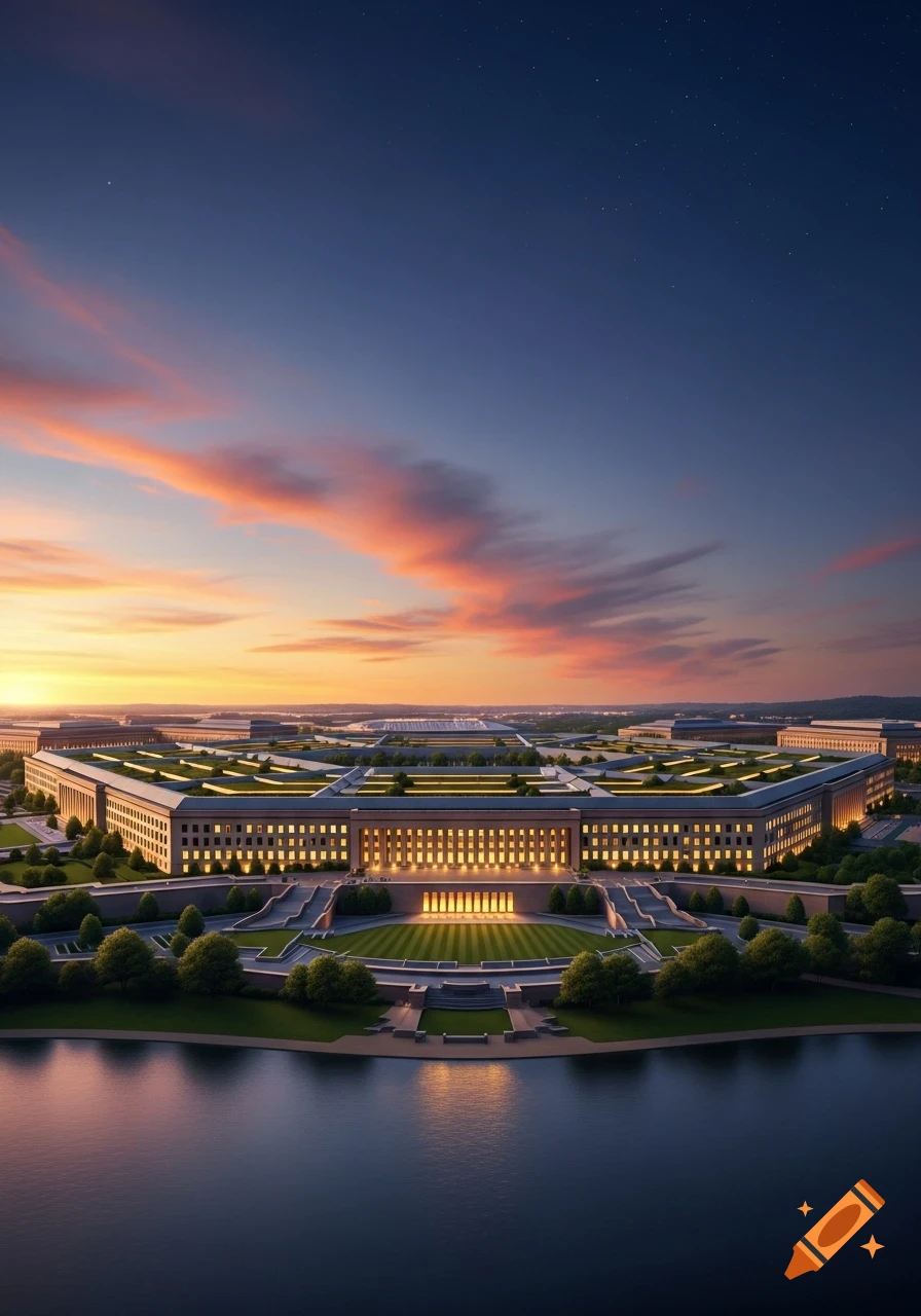 The Pentagon building illuminated at dusk, viewed across a body of water, with a vibrant orange and purple sky.